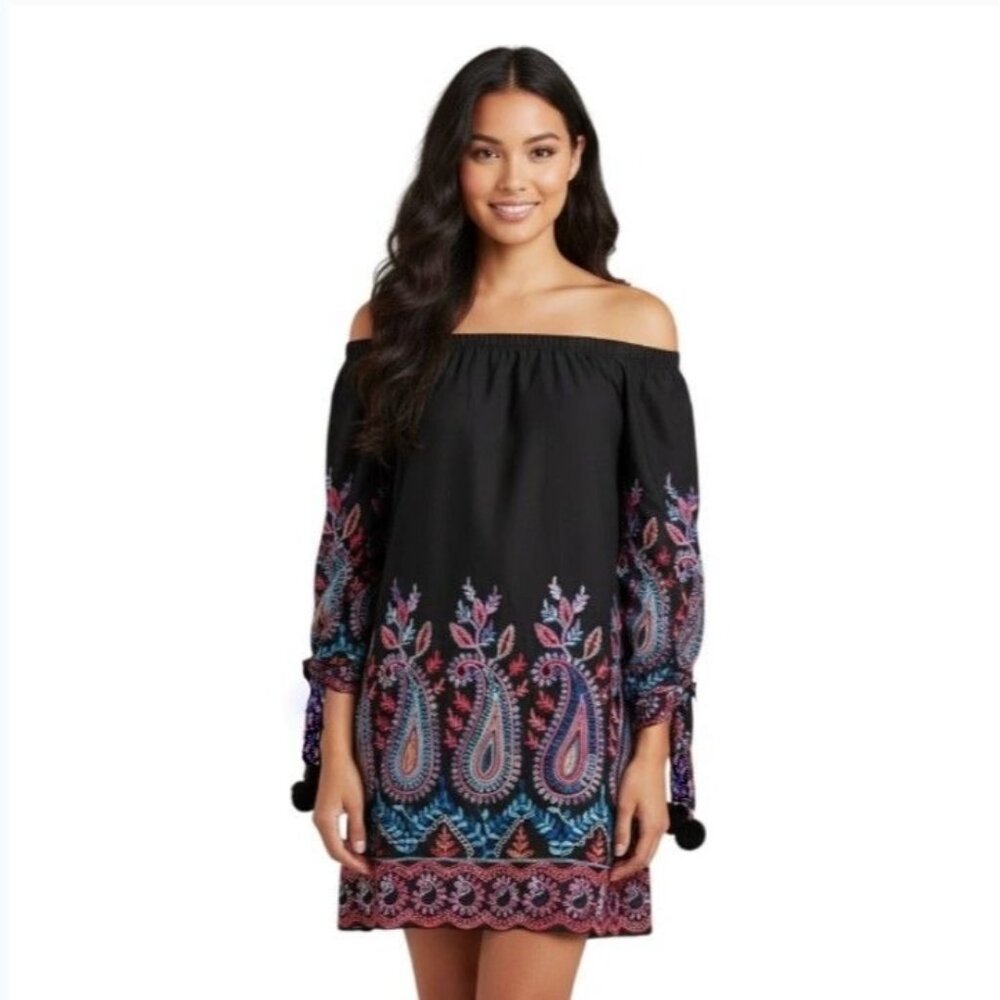 Nicole Miller Black Boho Embroidered Off The Shoulder Mini Dress 10 Flowy Whimsy